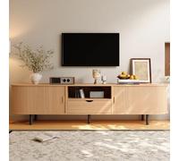 BENMWS Moderno mueble de televisión con diseño redondo y puerta de estor, de MDF, soporta hasta 50 kg, con cajón y compartimentos abiertos, para salón, 175 x 40 x 55 cm, color madera natural, natural