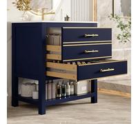 BENMWS Mueble bajo para cuarto de baño, 46,5 x 66 x 86 cm, color negro y azul, con lavabo de cerámica, mueble de baño independiente con 2 cajones y compartimento abierto, asas doradas, sin grifo ni