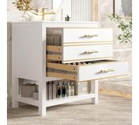 BENMWS Mueble bajo para cuarto de baño, 46,5 x 66 x 86 cm, con lavabo de cerámica, mueble de baño independiente con 2 cajones y compartimento abierto, asas doradas, sin grifo ni desagüe