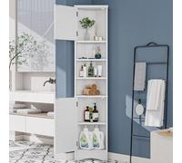 BENMWS Mueble de baño triangular, 37 x 24,5 x 170 cm, color blanco, lacado completo, pintura resistente a la humedad, tres estantes abiertos, puertas dobles, estantes ajustables
