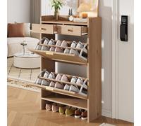 BENMWS Zapatero moderno con puertas dobles de ratán, 2 cajones, espacio de almacenamiento de varios niveles, armario estrecho para pasillo, entrada, aspecto de madera, 65 × 25 × 106 cm, natural