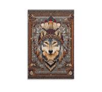 Benoumoney Tapiz de lobo nativo americano para pared, ideal para dormitorio, baño, hogar, cocina y oficina. Lienzo decorativo de 20x30 cm (8x12 pulgadas).