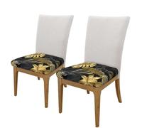 BeNtli Fundas cuadradas para taburetes, Paquete de 2 cómodas Fundas para Asientos, Funda elástica para Silla, Funda para Silla,Hojas Tropicales Negras Doradas