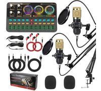 Benustra Paquete de equipos de podcast para 2, interfaz de audio con micrófono cardioide BM800 para gamer y mezclador DJ todo en uno, alimentación fantasma de 48 V con interfaz de micrófono XLR para