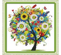 Benway Kit de punto de cruz con diseño de árbol de flores, 14 hilos, 38 x 38 cm
