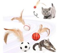 Beojonvy 3 Piezas Pelotas Saltarinas con Plumas para Gatos y Mascotas - Juguetes Interactivos Elásticos, Deportivos para Interiores/Exteriores, Ideal para Estimular Instinto de Caza y Regalos