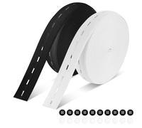 Beojonvy Kit Banda Elástica para Coser 20mm 2 Rollos 6m Negro 6m Blanco 12m Total con 20 Botones y Ojales Incluidos Ideal para Ajustes de Ropa Cintura de Pantalones Faldas y Diademas