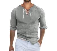 Beokeuioe Camiseta de manga larga de lino para hombre, verano, playa, cuello de pico, camisa medieval con cordones, camisa pirata, vintage, camisa tradicional tradicional de manga larga, gris, M