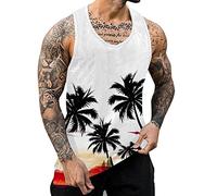 Beokeuioe Camiseta de tirantes para hombre, para gimnasio, sin mangas, a rayas, deportiva, muscular, chaleco hawaiano con estampado de palmeras, camiseta de tirantes de algodón, B blanco., M