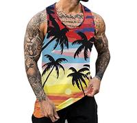 Beokeuioe Camiseta de tirantes para hombre, para gimnasio, sin mangas, a rayas, deportiva, muscular, chaleco hawaiano con estampado de palmeras, camiseta de tirantes de algodón, C amarillo., XL