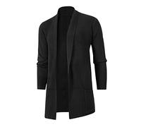 Beokeuioe Cárdigan largo para hombre, corte ajustado, abrigo de entretiempo para hombre, cárdigan largo para hombre con frente abierto y cuello chal, Negro , XL