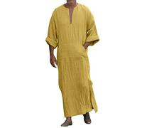 Beokeuioe Cuello en V Hombres Caftán Lado Dividido Manga Corta Bata Algodón con Bolsillos Vestido Largo Camisón para Hombres Alto Túnica Delgada Batas, A8 amarillo., XL