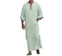 Beokeuioe Cuello en V Hombres Caftán Lado Dividido Manga Corta Bata Algodón con Bolsillos Vestido Largo Camisón para Hombres Alto Túnica Delgada Batas, A3 verde, L