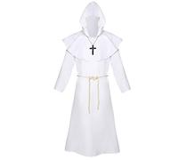 Beokeuioe Disfraz de monje, disfraz de sacerdote, disfraz con capucha, capucha medieval, para hombre, capa renacentista, disfraz unisex, A blanco., M