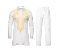 Beokeuioe Disfraz islámico para hombre de Middle East Thobe con pantalones - Hombres Musulmanes Kaftan Dubai Arab Ropa Africana Dashiki Trajes Trajes Africanos Conjunto de 2 piezas para hombre, A