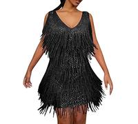 Beokeuioe Flapper Charleston Vestido de los años 20 para mujer, sexy con cuello en V, estilo retro con borla, vestido de fiesta para mujer, con flecos, vestido de noche, vestido de tul brillante, para