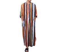 Beokeuioe Hombres túnica musulmana túnicas verticales rayas árabe musulmana ropa de dormir camisón pijamas con aspecto de lino túnicas ropa de dormir con bolsillos camisa de dormir para hombre, A
