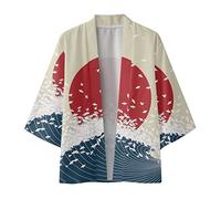 Beokeuioe Kimono para hombre Japón Happi Kimono Primavera-Verano Chaqueta Yukata Coat Ukiyoe Baggy Kimono Cardigan Tradicional Japonés Haori Disfraz, B azul, M