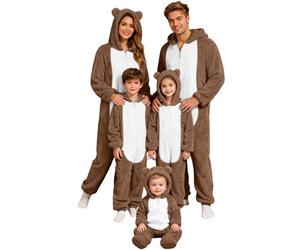 Beokeuioe Mono navideño acogedor de felpa con orejeras de oso, pijama con capucha, disfraz de animal para adultos, pijama a juego para la familia, mono de una pieza, pijama esponjoso, conjunto de