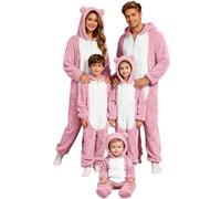 Beokeuioe Mono navideño acogedor de felpa con pijama con orejeras de oso, capucha, disfraz de animal para adultos, pijama a juego, pijama familiar de una pieza, pijama esponjoso, mono de felpa de