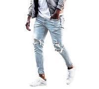 Beokeuioe - Pantalón vaquero de denim con agujeros de motocicleta, jeans góticos ajustados con varios bolsillos, estilo punk para hombre, negro y azul, pantalones de motociclista para caballeros