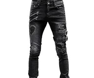Beokeuioe - Pantalón vaquero de denim con agujeros de motocicleta, jeans góticos ajustados con varios bolsillos, estilo punk para hombre, negro y azul, pantalones de motociclista para caballeros
