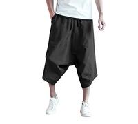 Beokeuioe Pantalones cortos hombres algodón lino hombres hip-hop transpirable casual 3/4 pantalones monocolor cintura elástica pantalones cortos T japonés coreano yoga, Negro , M