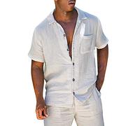 Beokeuioe Traje de lino de 2 piezas para hombre, de 2 piezas, para verano, estilo hawaiano, con bolsillos, monocolor, playera, pantalones cortos, ropa de lino, ropa de playa, Blanco, XL