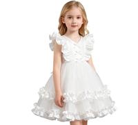 Beokeuioe Vestido de tul con mangas de alas para niñas | Traje delicado para fiestas, fotos y celebraciones familiares | Ligero y cómodo para todo el día, Blanco, 110