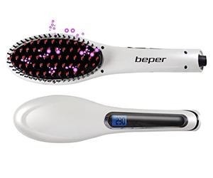 BEPER 40.926 Cepillo alisador 2 en 1 Cerámica, Tecnología iónica, Pantalla LCD, Temperatura ajustable, Cable giratorio de 360 °, Cabello sedoso sin frizz, blanco
