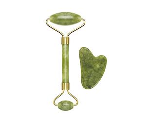 BEPER C301ABE101 Rodillo y piedra Gua Sha en jade, Jade Roller & Gua Sha Massagge Tool, Masaje facial y corporal, Relajante, Remodelación y Edad, Verde