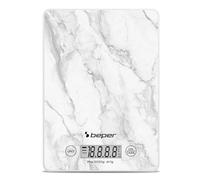 BEPER P102BIL004 Báscula de cocina digital, placa de vidrio templado, función de tara, pantalla táctil LCD, precisión de 1 g a 5 kg, para colgar, batería incluida, mármol blanco