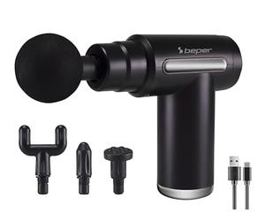 BEPER P302MAS002 Masajeador de Percusión, 30W, Pistola de Masaje Recargable, 4 Cabezales Intercambiables. 6 niveles de intensidad, Negro