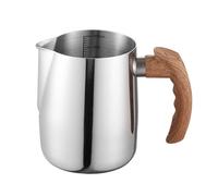 bephible Latte Art - Jarra de espuma de acero inoxidable con escala precisa, mango de madera, boquilla antigoteo, 600/1000 ml, taza de café para espresso, capuchino, plata, 600 ml