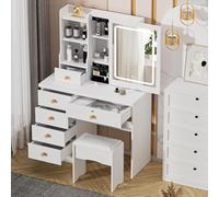 bephible lavabo, tocador con espejo de luz deslizante, brillo ajustable de 3 colores 6 cajones y almacenamiento oculto, escritorio vestidor taburete acolchado para dormitorio,