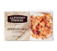 Berberechos al Natural. Peso Neto 111 gramos. 35/45 Piezas. Peso Escurrido 63 gramos. Categoría Gourmet. Con ingredientes 100% Naturales: Berberechos, Agua y Sal. Alfonso Torres.