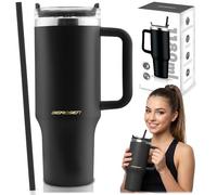 Berdsen Botella térmica de 1180 ml, con pajita y asa, acero inoxidable, doble pared, tapa 3 en 1, taza de café para café, té y bebidas frías, color negro