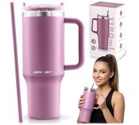 Berdsen Botella térmica de 1180 ml con pajita y asa, acero inoxidable, doble pared, tapa 3 en 1, taza de café para café, té y bebidas frías, color rosa