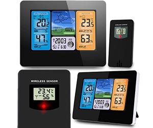 BERDSEN Estación meteorológica con pantalla BD-902 para medición de temperatura exterior e interior, funciones de alarma de repetición de batería, sincronización de tiempo, color negro