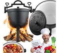 Berdsen Olla de hierro fundido de 11 L para horno holandés, esmaltado para fogatas y barbacoas, cocción uniforme sin pegar, con 3 patas y percha para colgar, incluye libro de recetas, color negro