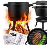 Berdsen Olla de hierro fundido de 8 L para hoguera y barbacoa, tapa 2 en 1, con 3 patas y percha para colgar, incluye libro de recetas, color negro