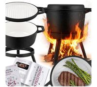 Berdsen Olla de hierro fundido de 8 l para horno holandés, esmaltado para hoguera y barbacoa, tapa 2 en 1, se puede utilizar como sartén, con 3 patas y percha para colgar, incluye libro de recetas