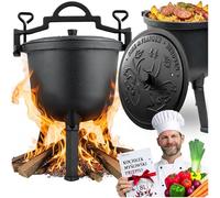 Berdsen Olla holandesa de hierro fundido de 8 l, para hoguera y barbacoa, cocción uniforme, con 3 patas y percha para colgar, incluye libro de recetas, color negro