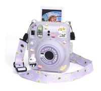 Berfea Estuche de protección transparente compatible con la cámara de fotos instantánea Polaroid Fujifilm Instax Mini 12 con bandoleras, pegatinas y bolsillo de almacenamiento para fotos, morado