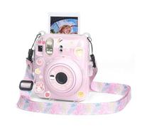 Berfea Funda protectora transparente de cristal para cámara instantánea Polaroid Fujifilm Instax Mini 12 con correas, calcomanías y bolsillo de fotos, Pink
