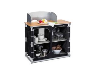 Berger Deluxe | Mueble de Cocina de Camping, Cocina Plegable con Encimera de Bambú, Armario de Almacenamiento con 4 Compartimentos, Protector de Viento y Bolsa de Transporte, Estructura de Aluminio
