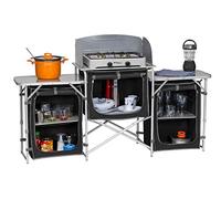 Berger | Mueble de Cocina Plegable XL para Camping, Mesa portátil de Aluminio Ajustable en Altura con 5 Compartimentos, Estructura Robusta y Funda de Transporte - Negro y Gris