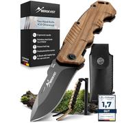BERGKVIST® K10 Cuchillo plegable (navaja de dos manos) - Navaja afilada para exteriores, supervivencia o caza - con acero al fuego y funda de cinturón - Mango de madera de olivo