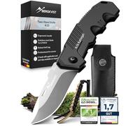 BERGKVIST® K10 Cuchillo plegable (navaja de dos manos) - Navaja afilada para exteriores, supervivencia o caza - con acero al fuego y funda de cinturón - Brillo de acero