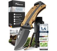 BERGKVIST® K29 Titanium Cuchillo plegable - Navaja de bolsillo 3 en 1 con rompecristales y cortacinturones - Ganadora del premio de Bronze A' Design Award - Mango de madera de olivo